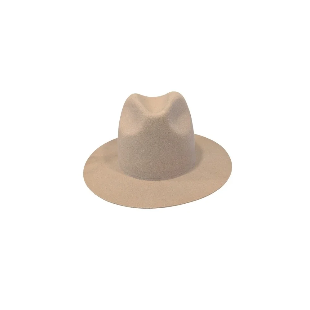 Gigi Pip Billie Tall Fedora Hat Taupe Wool Wide Brim Pinched Crown